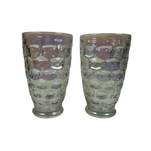 Vintage Federal Glass Iridescent Colonial Footed Thumbprint Glasses Set of 2